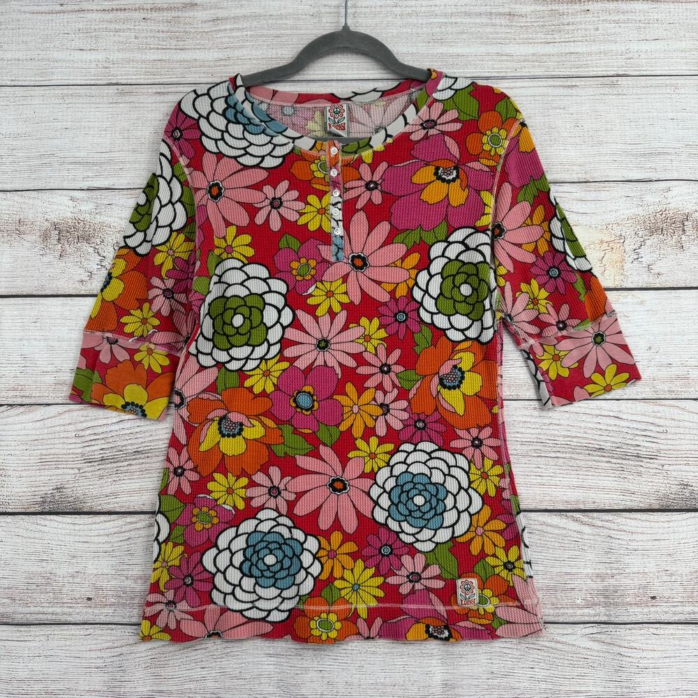 Vintage Y2K Lucky Brand Waffle Knit Floral Henley Shirt‎ Womens XL Multicolor